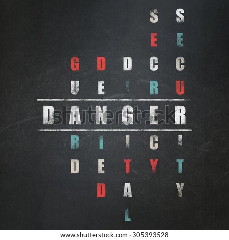 Protection concept: Painted white word Danger in solving Crossword Puzzle on School Board background, 3d render