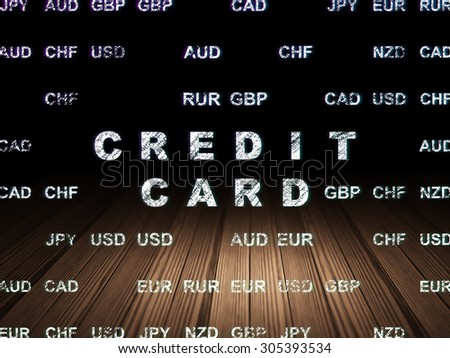 Banking concept: Glowing text Credit Card in grunge dark room with Wooden Floor, black background with Currency, 3d render