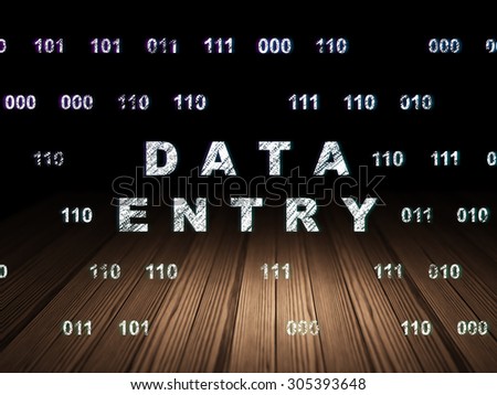 Data concept: Glowing text Data Entry in grunge dark room with Wooden Floor, black background with Binary Code, 3d render