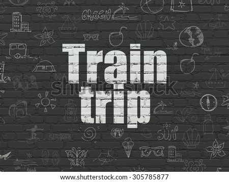 Tourism concept: Painted white text Train Trip on Black Brick wall background with  Hand Drawn Vacation Icons, 3d render