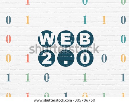 Web design concept: Painted blue text Web 2.0 on White Brick wall background with Binary Code, 3d render