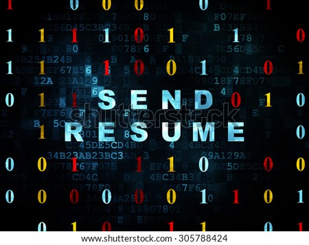 Business concept: Pixelated blue text Send Resume on Digital wall background with Binary Code, 3d render