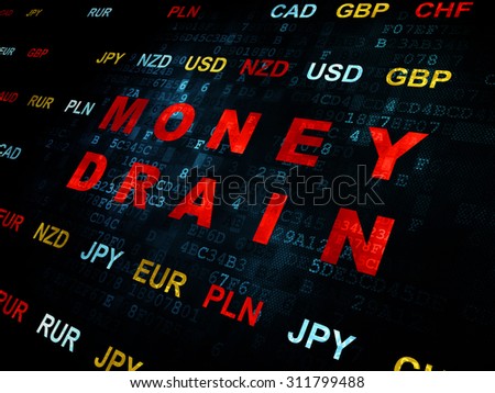 Money concept: Pixelated red text Money Drain on Digital wall background with Currency