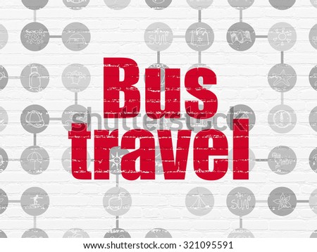 Tourism concept: Painted red text Bus Travel on White Brick wall background with Scheme Of Hand Drawn Vacation Icons