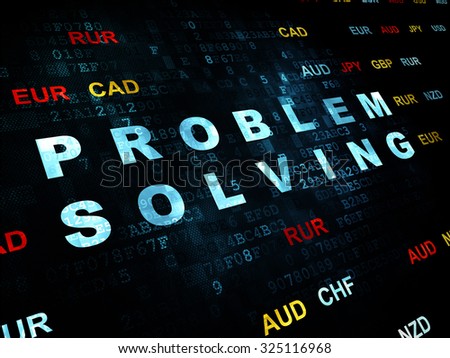 Finance concept: Pixelated blue text Problem Solving on Digital wall background with Currency