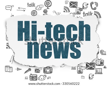 News concept: Painted blue text Hi-tech News on Torn Paper background with Scheme Of Hand Drawn News Icons