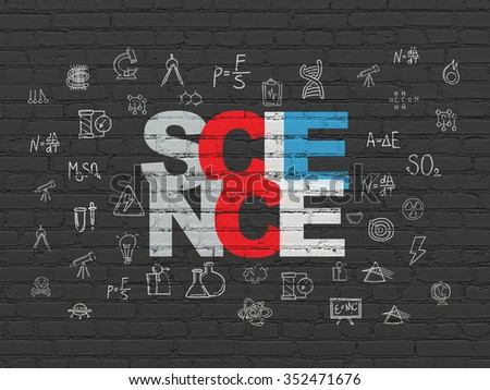 Science concept: Painted multicolor text Science on Black Brick wall background with  Hand Drawn Science Icons