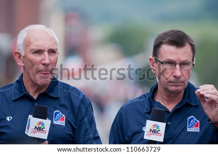TELLURIDE, CO - AUG 20: Phil Ligget (left) and Paul Sherwin at the USA Pro Cycling Challenge in Telluride, CO on Aug 20, 2012