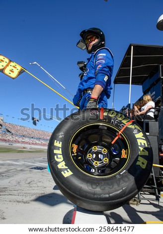 LAS VEGAS, NV - March 07: A crew memeber is waiting for Aric Almirola\'s car at the NASCAR Boyd Gaming 300 Xfinity race at Las Vegas Motor Speedway in Las Vegas, NV on March 07, 2015