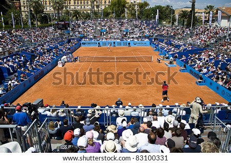 NICE, FRANCE - MAY 21: The finals match of the 2011 ATP Nice Open Cote d\'Azur Tennis Tournament between Victor Hanescu (ROM) and Nicolas Almagro (ESP), May 21, 2011 in Nice, France