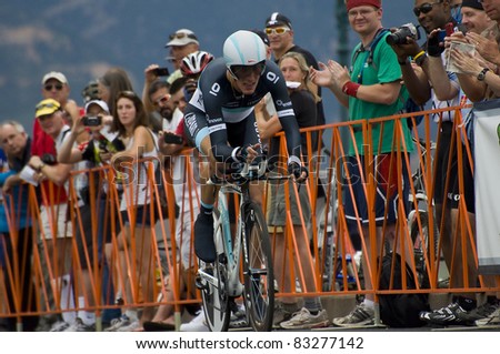 COLORADO SPRINGS, CO - AUG 22: Professional cyclist Andy Schleck of Luxembourg is  riding the prologue course of the 2011 USA Pro Cycling Challenge in Colorado Springs, USA on Aug 22, 2011