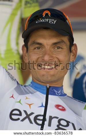 DENVER, CO - AUG 28: Freddie Rodriguez of Team Exergy finishes 3rd at the 2011 USA Pro Cycling Challenge in Denver, Colorado on Aug 28, 2011