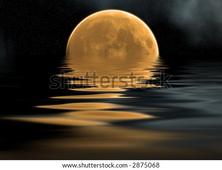 reflection of detailed moon on the sea, stars and clouds