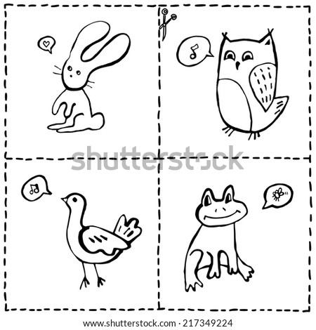Vector set of cut out cards with cute animals, hand drawn doodles of baby animals and marks for cutting out and coloring