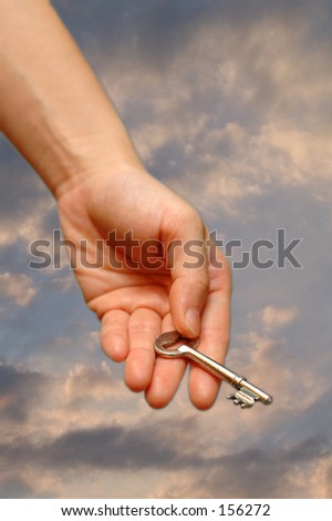 Outstretched hand holding a key, with a cloudy sky background