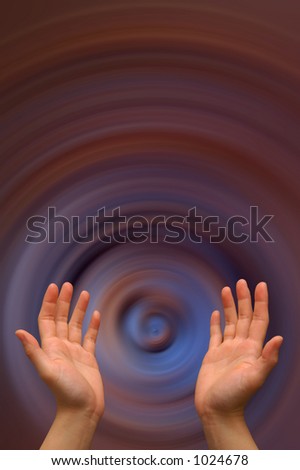 Hands reaching to heaven, on a spinning background of colors