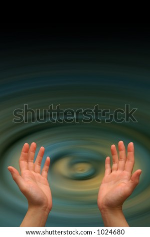 Hands reaching to heaven, on a green whirlpool background