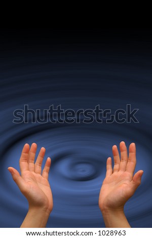 Hands reaching to heaven, on a blue whirlpool background