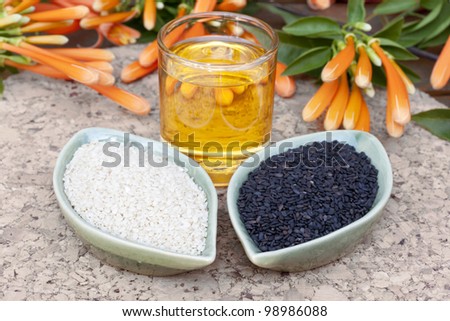 Sesame seed and sesame oil  on a block