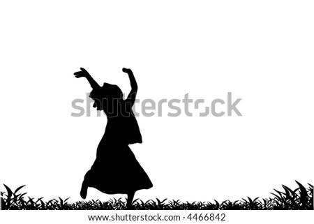 Silhouette of girl dancing arms up face to sky in grass