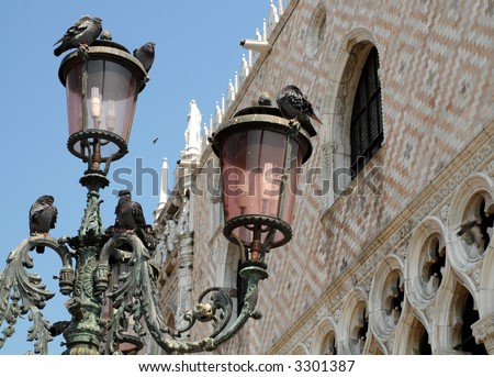Venice: Pigeons on a lamp post near Ducale Palace
