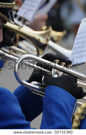 Trumpet players during a brass band parade