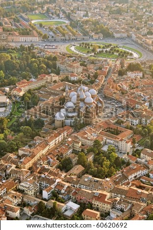 Padua: Aerial view of inner city with Prato della Valle square and St.Anthony Basilica