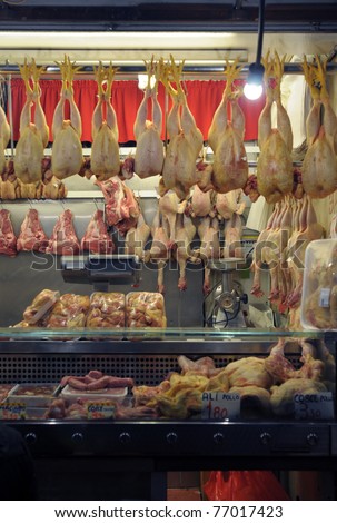 Italian poultry meat shop. No brands,names,plates are readable, just common italian meat names