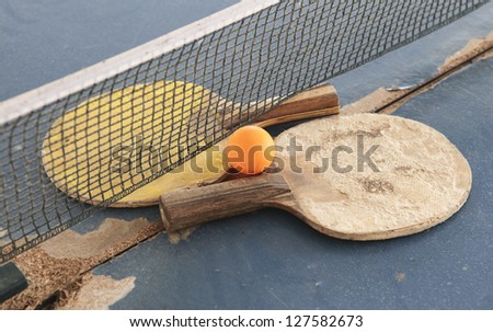 Old Equipment for table tennis - racket, ball, table