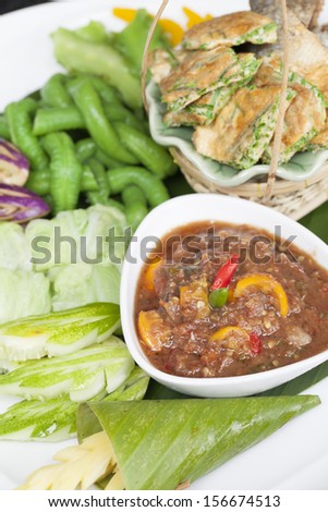 Thai chili sauce mix with shrimp paste and mixed vegetables and sweet shrimp, Thai food