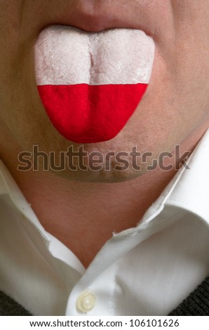 man with open mouth spreading tongue colored in poland flag as symbol of values like teaching, learning, multilingual speaking of different languages