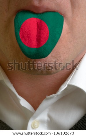 man with open mouth spreading tongue colored in bangladesh flag as symbol of values like teaching, learning, multilingual speaking of different languages