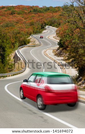 traveling car in national flag of iran colors and beautiful road landscape for tourism and touristic adertising