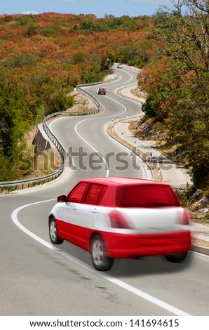 traveling car in national flag of austria colors and beautiful road landscape for tourism and touristic adertising