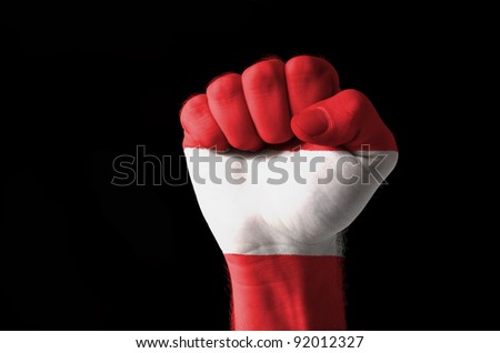 stock photo : Low key picture of a fist painted in colors of austria flag