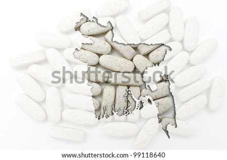 Outline bangladesh map with transparent background of capsules symbolizing pharmacy and medicine