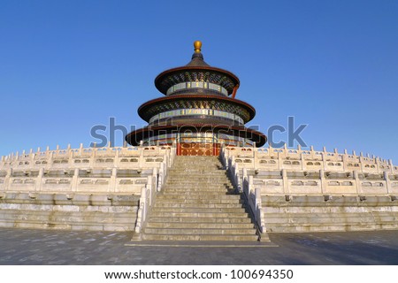 The Hall of Prayer for Good Harvests seen from west at sunset in the Temple of Heaven (Tiantan) in Beijing, China