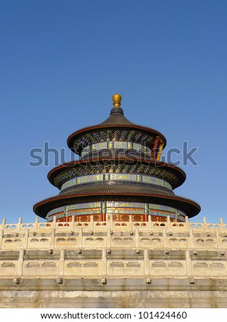 The Hall of Prayers for Good Harvests seen from west at sunset in the Temple of Heaven (Tiantan) in Beijing, China. Vertical view.