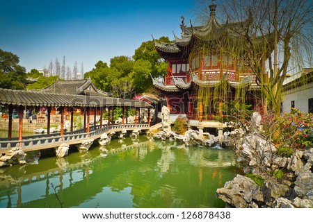 Traditional pavilions in Yuyuan Gardens Shanghai China Traditional pavilions in Yuyuan Gardens Shanghai China