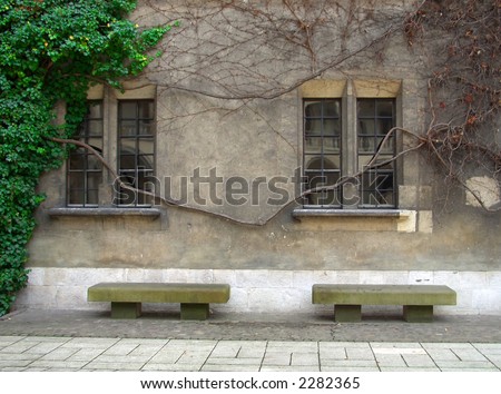 Stone benches and windows in Krakow, Poland