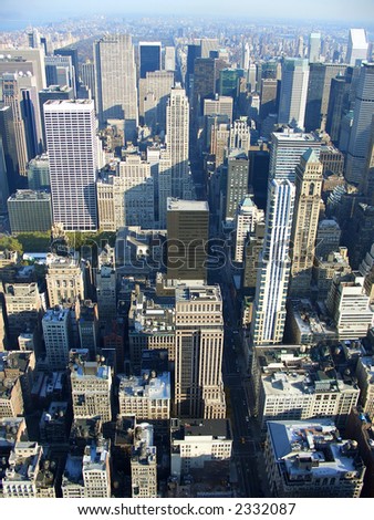 5th avenue and Bryant Park aerial view from Empire State building in the morning, Manhattan, New York