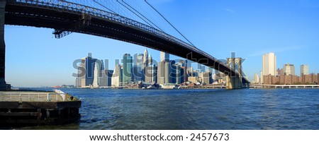 Panoramic view of Brooklyn bridge, lower Manhattan and financial district, New York