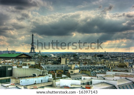 stock photo Paris roof tops view with Eiffel tower HDR image