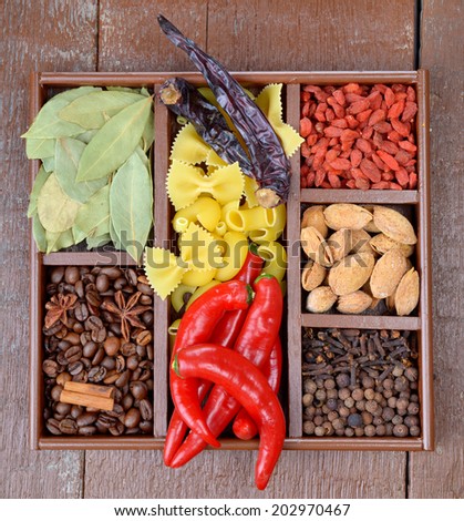 Assorted herbs and spices in a decorative box