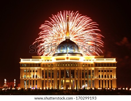 Astana capital city of Kazakhstan fireworks at Presidential palace