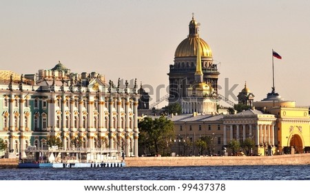 St.Petersburg landmarks hermitage, admiralty and cathedral with Neva River