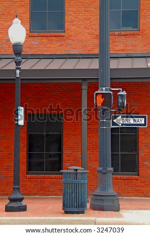 Historic Street Corner with One Way Sign and Do Not Walk Sign