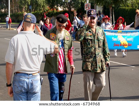 Military Veterans in Parade Being Saluted By Bystander