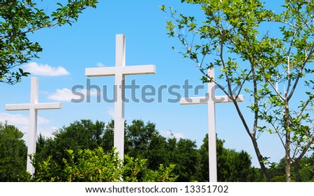 Three white crosses outdoors in pretty field