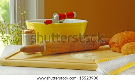 Country kitchen with bread making supplies on counter